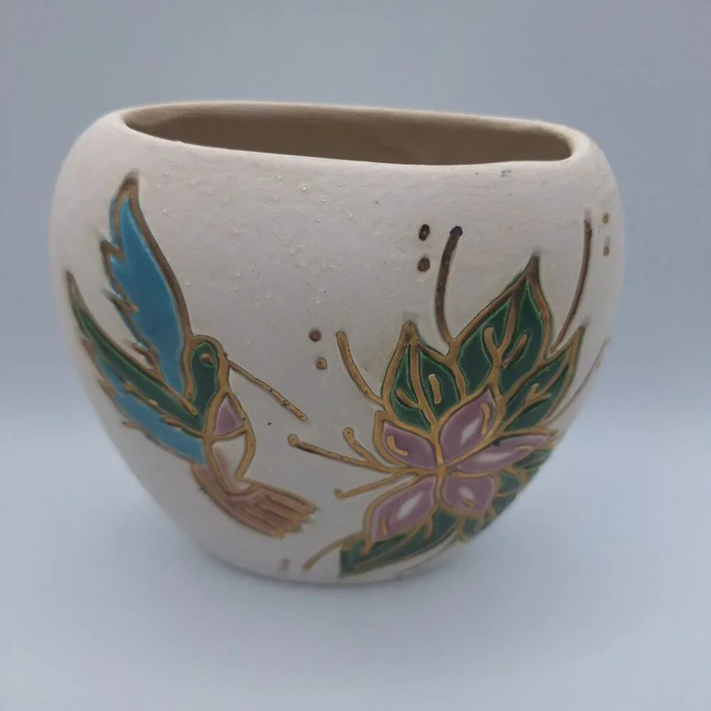 Hummingbird Pottery Vase Small Flower Gold‎ Glaze Signed Art Hummer USA Nix Fly